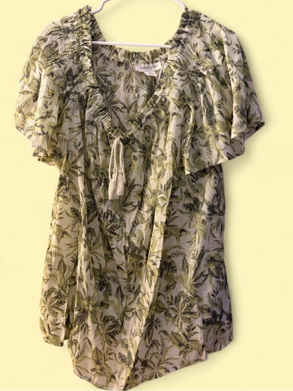 Skye's the Limit Olive Leaf-Print Peasant Tunic with Tassel Tie